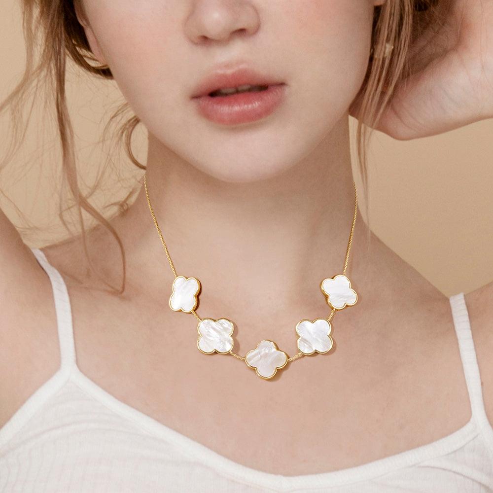 Gold Gold Dipped Mother of Pearl Quatrefoil Station Necklace