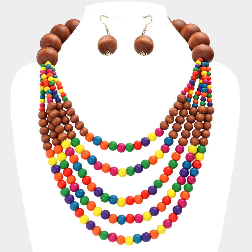 Wood Ball Beaded Multi Layered Statement Necklace