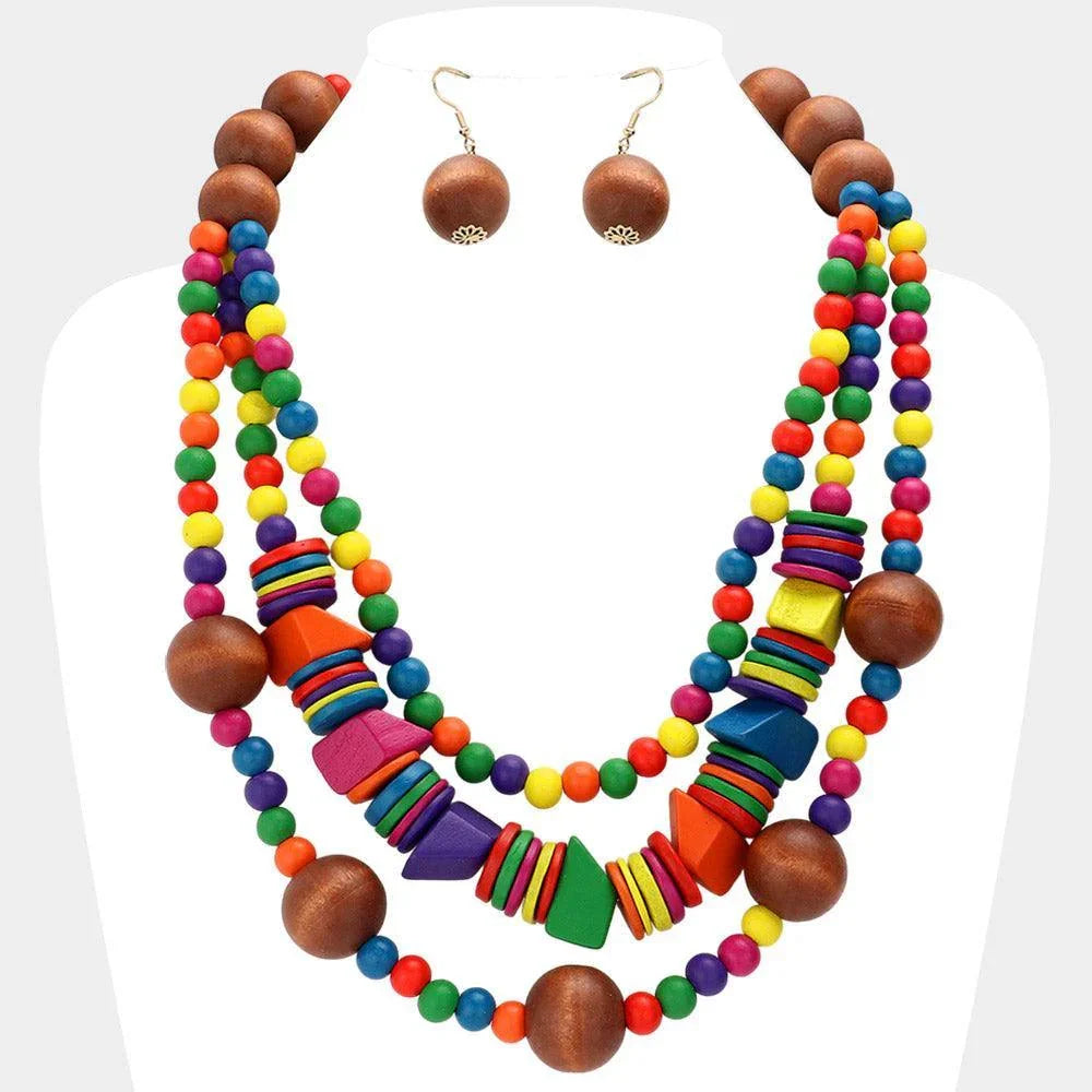 Wood Ball Beaded Triple Layered Statement Necklace - Jewelry Store by Erik Rayo