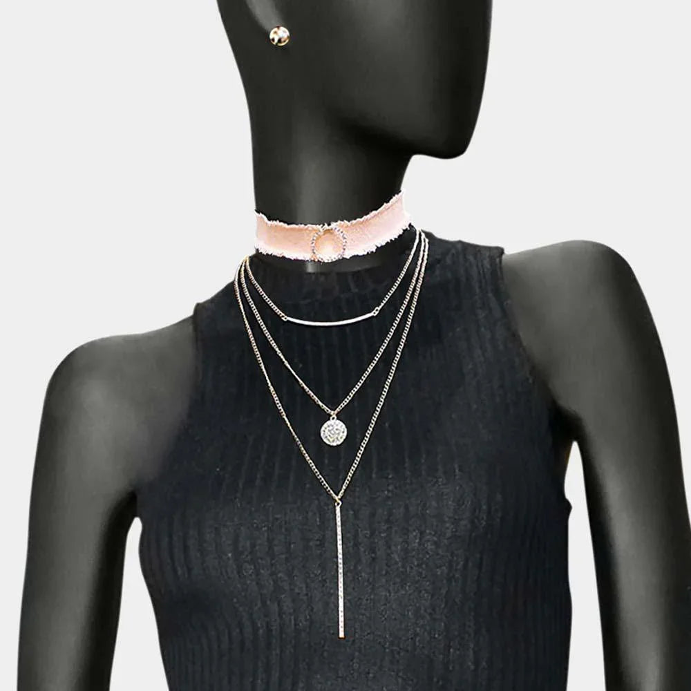 Peach 4 piece Fabric Choker Geometric Pendant Necklaces