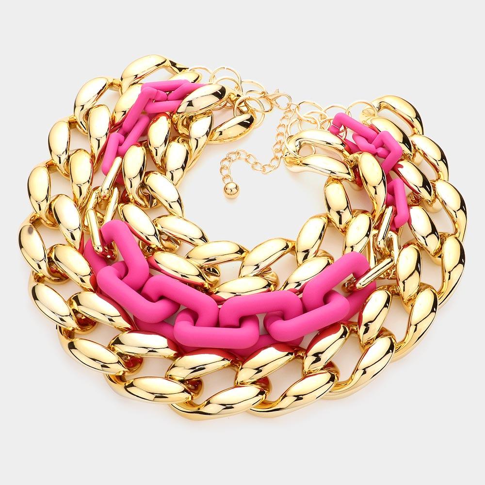 Fuchsia Chain Colored Open Rectangle Link Triple Layered Necklace - Jewelry Store by Erik Rayo