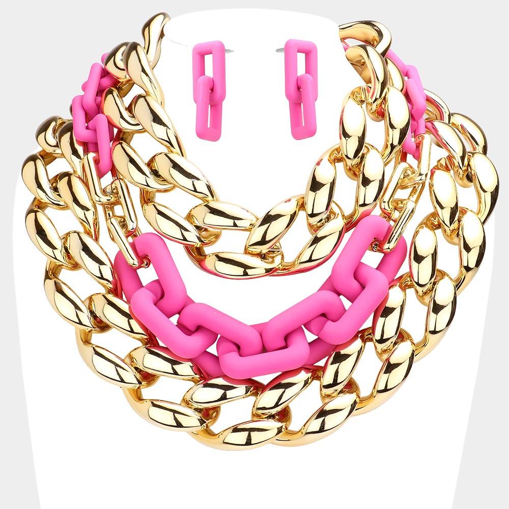 Fuchsia Chain Colored Open Rectangle Link Triple Layered Necklace - Jewelry Store by Erik Rayo