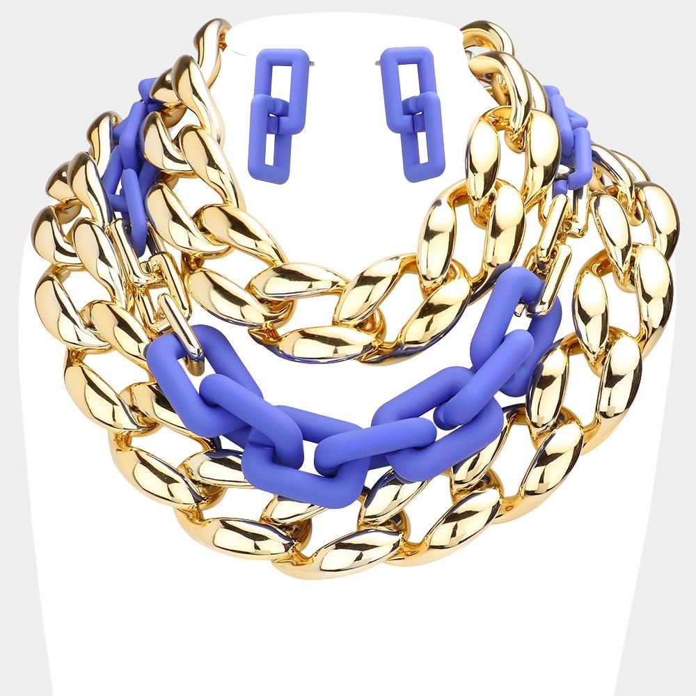 Blue Chain Colored Open Rectangle Link Triple Layered Necklace - Jewelry Store by Erik Rayo