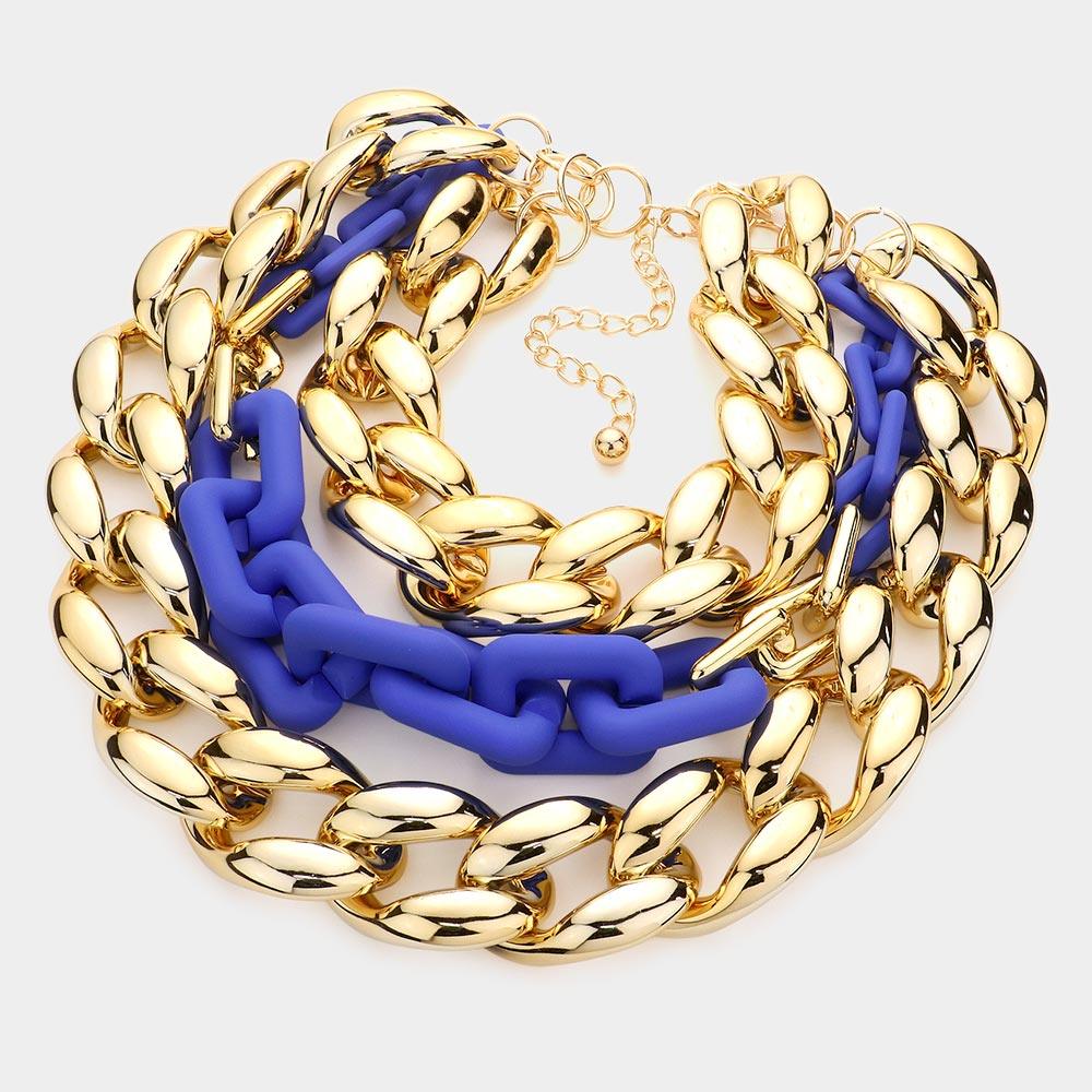 Blue Chain Colored Open Rectangle Link Triple Layered Necklace - Jewelry Store by Erik Rayo