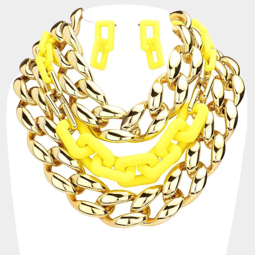 Yellow Chain Colored Open Rectangle Link Triple Layered Necklace - Jewelry Store by Erik Rayo