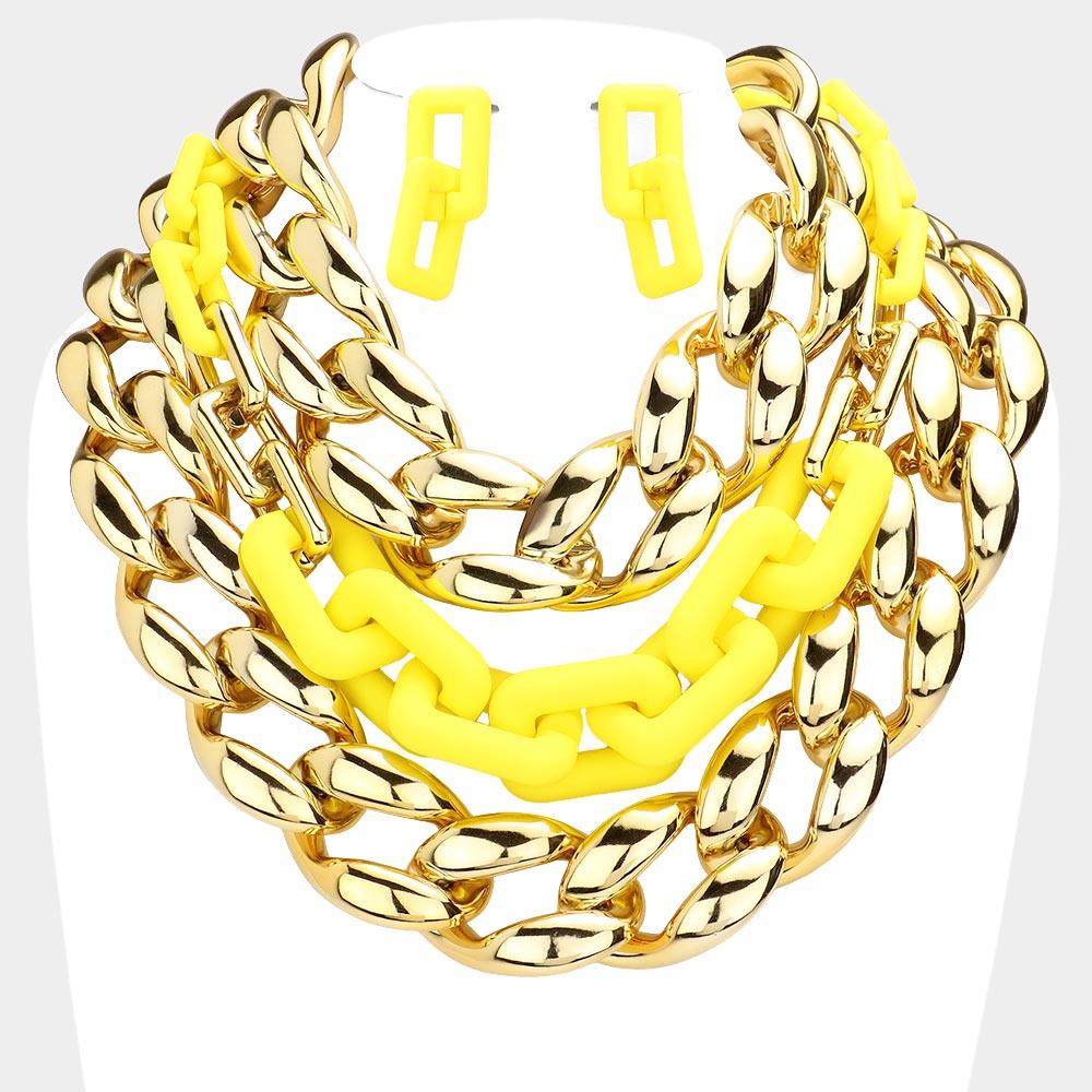 Yellow Chain Colored Open Rectangle Link Triple Layered Necklace