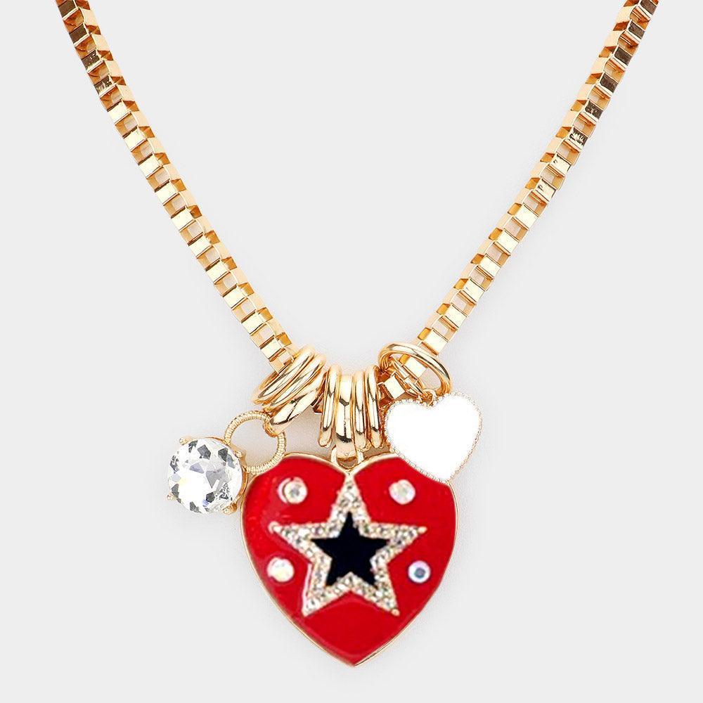 Red Star Centered Enamel Heart Round Stone Pendant Necklace - Jewelry Store by Erik Rayo