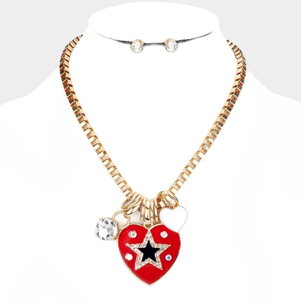 Red Star Centered Enamel Heart Round Stone Pendant Necklace - Jewelry Store by Erik Rayo
