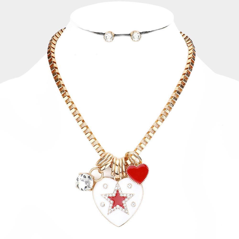 White Star Centered Enamel Heart Round Stone Pendant Necklace