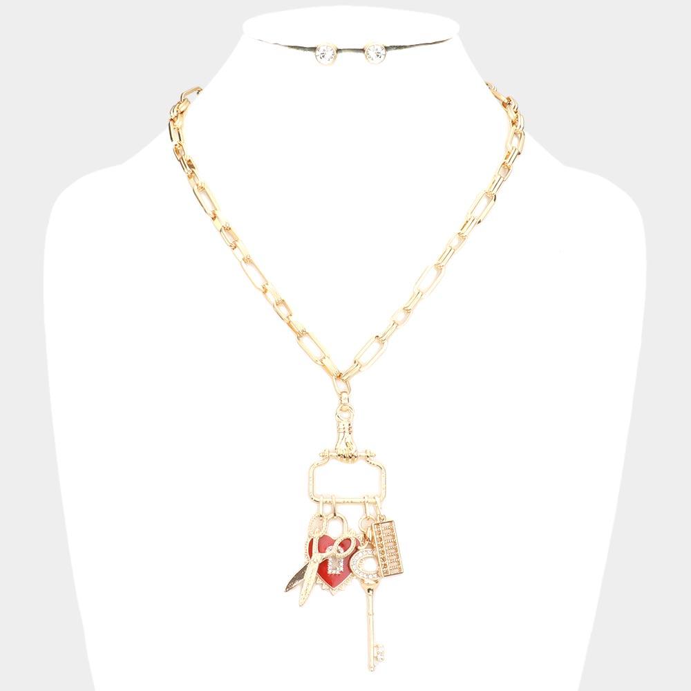 Gold Scissors Heart Key Comb Pendant Necklace - Jewelry Store by Erik Rayo