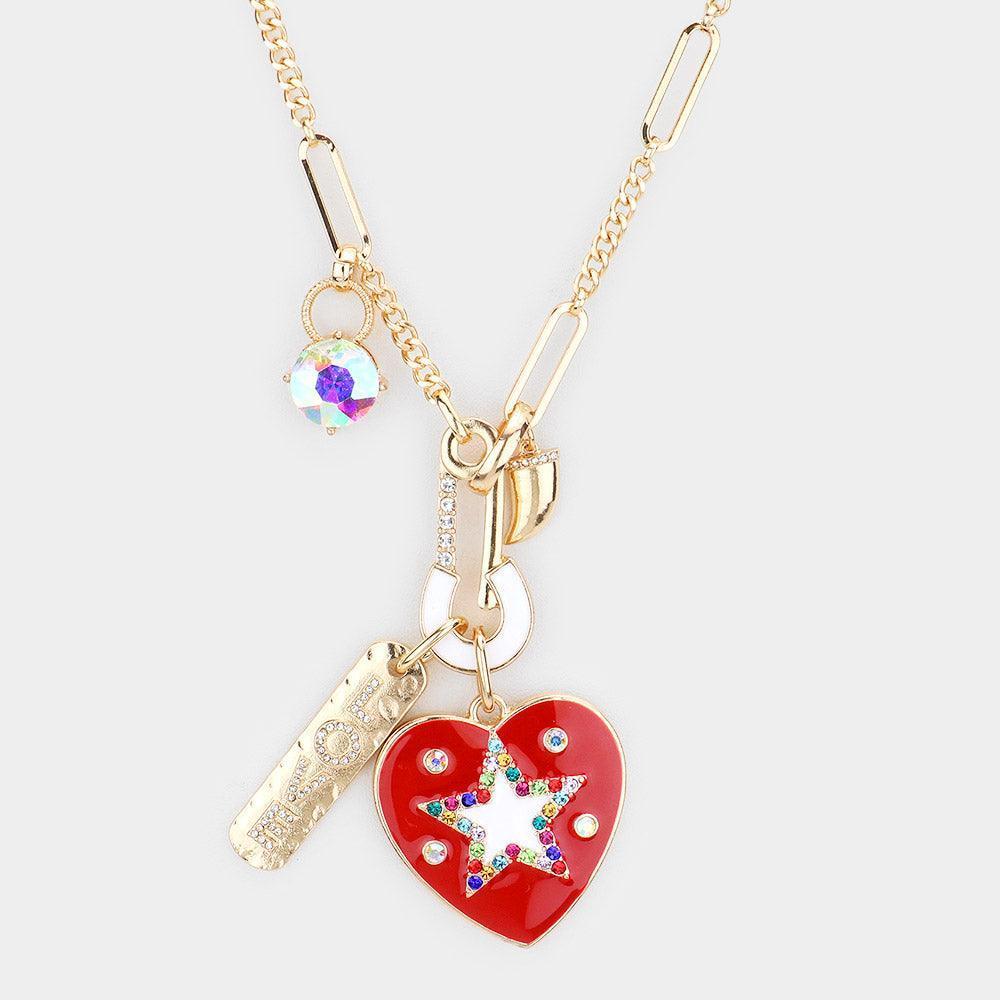 Rhinestone Embellished Safety Pin LOVE Star Centered Enamel Heart Pendant Necklace - Jewelry Store by Erik Rayo