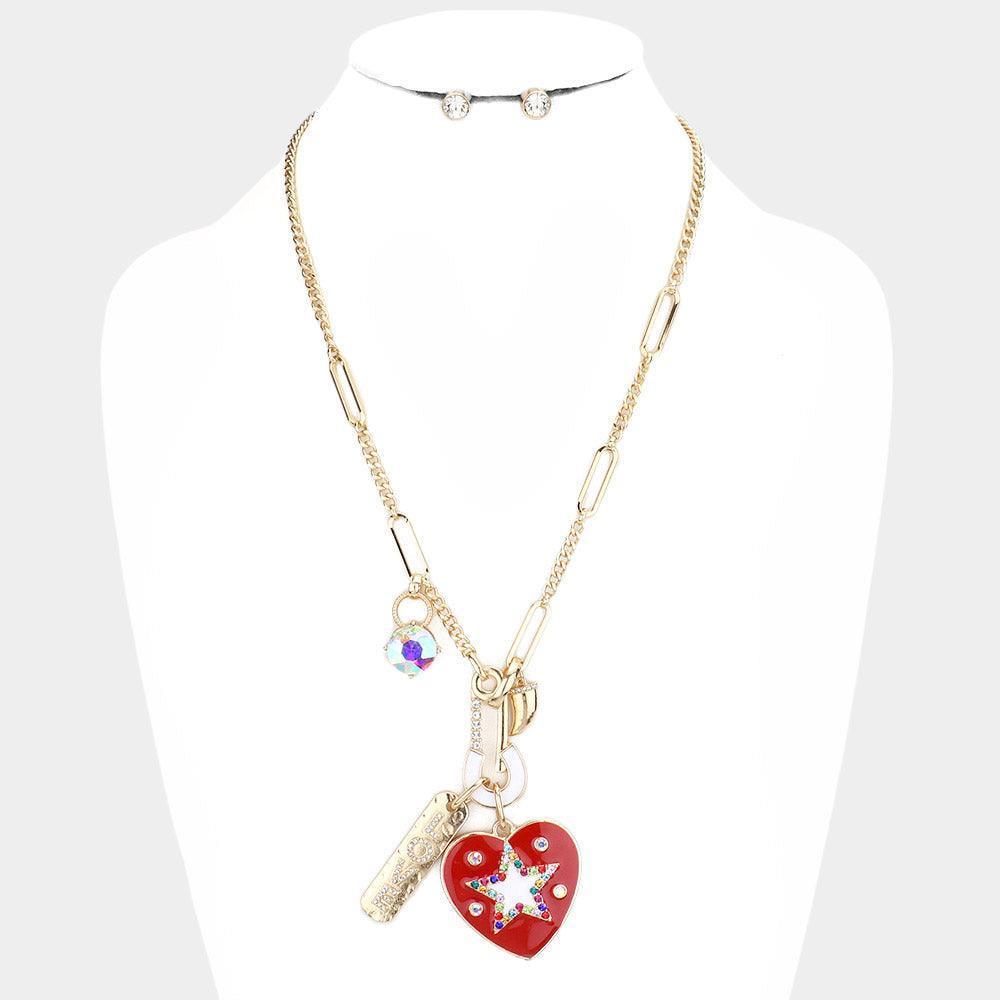 Rhinestone Embellished Safety Pin LOVE Star Centered Enamel Heart Pendant Necklace - Jewelry Store by Erik Rayo