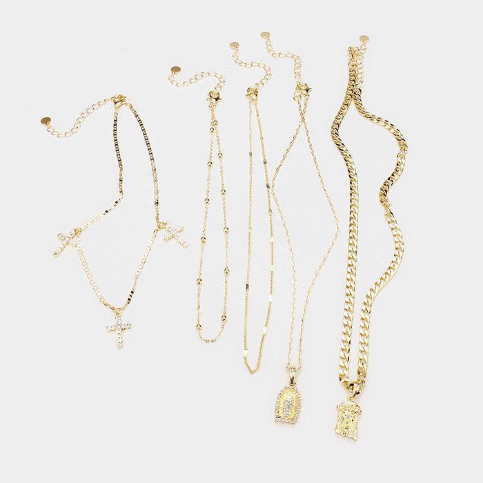 Gold 5PCS Cross Saint Mary Jesus Pendants Bib Necklace - Jewelry Store by Erik Rayo