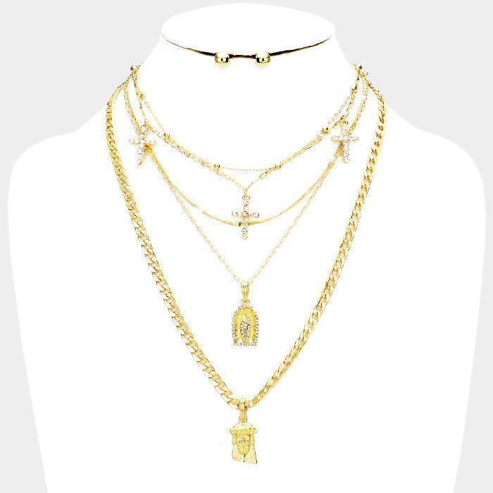 Gold 5PCS Cross Saint Mary Jesus Pendants Bib Necklace - Jewelry Store by Erik Rayo