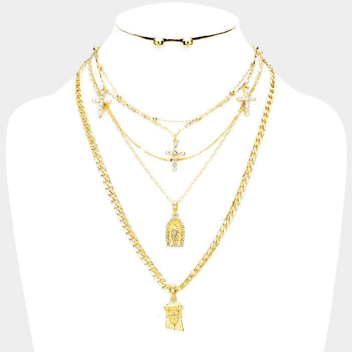 Gold 5PCS Cross Saint Mary Jesus Pendants Bib Necklace