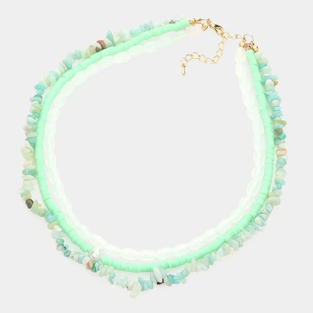Mint Natural Stone Oval Heishi Beaded Triple Layered Necklace - Jewelry Store by Erik Rayo