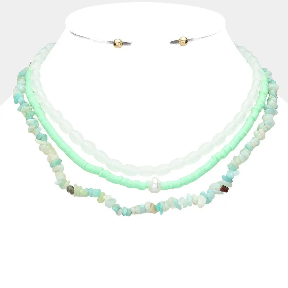 Mint Natural Stone Oval Heishi Beaded Triple Layered Necklace - Jewelry Store by Erik Rayo