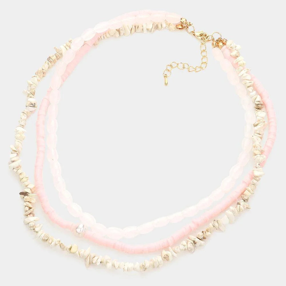 Pink Natural Stone Oval Heishi Beaded Triple Layered Necklace - Jewelry Store by Erik Rayo