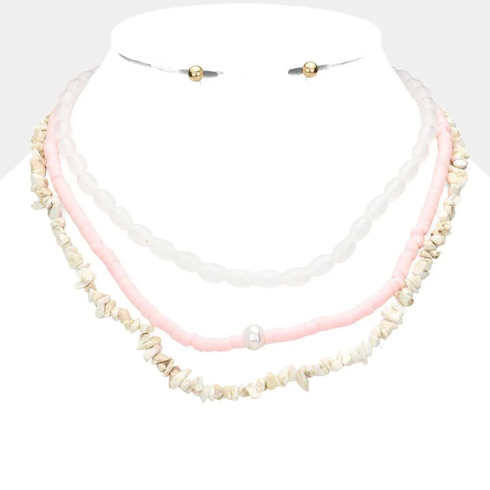 Pink Natural Stone Oval Heishi Beaded Triple Layered Necklace - Jewelry Store by Erik Rayo