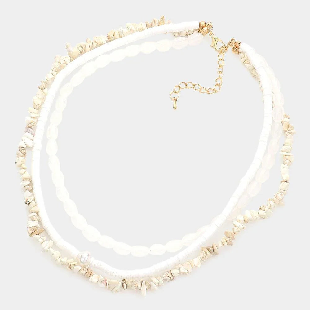 White Natural Stone Oval Heishi Beaded Triple Layered Necklace - Jewelry Store by Erik Rayo