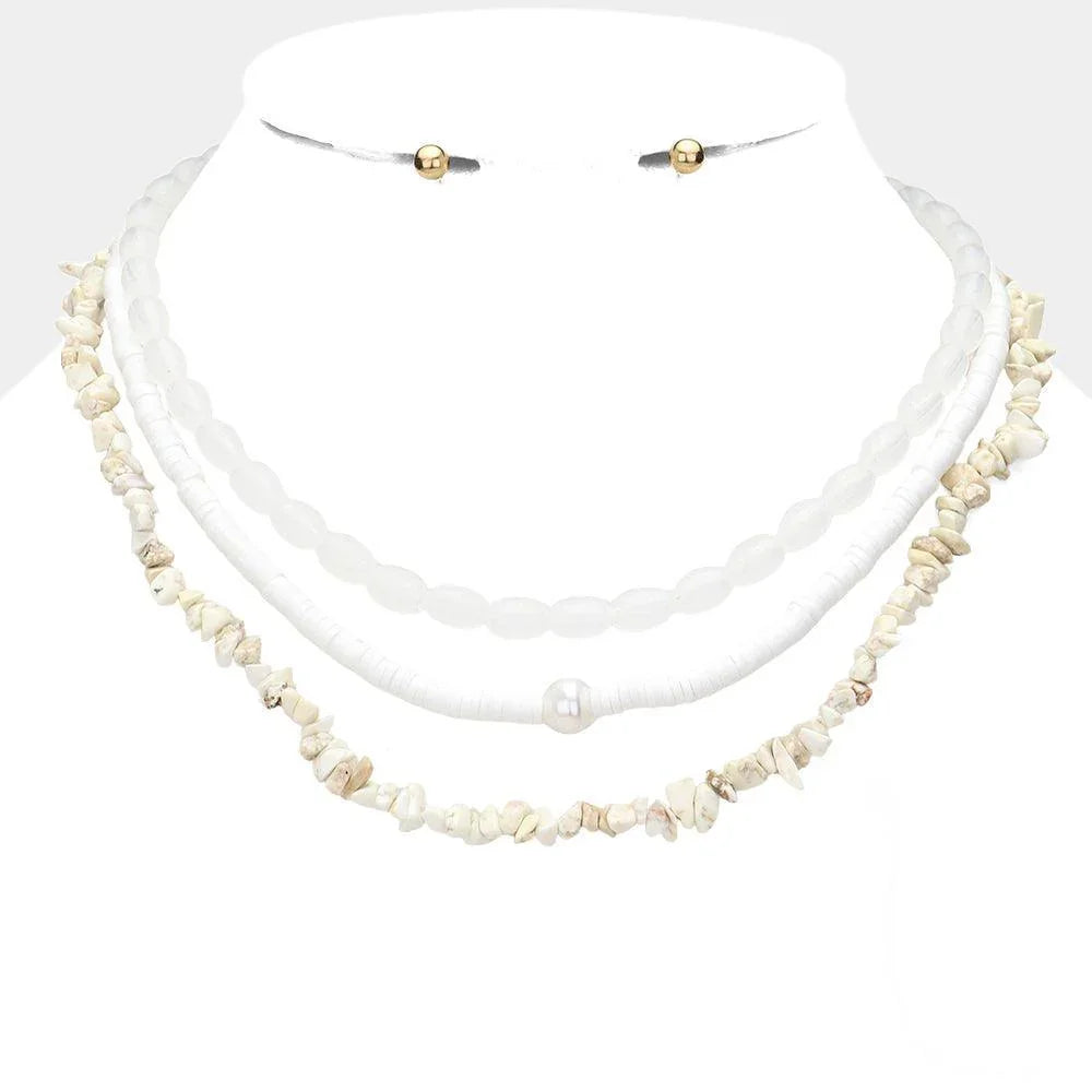 White Natural Stone Oval Heishi Beaded Triple Layered Necklace - Jewelry Store by Erik Rayo