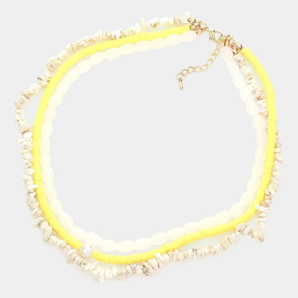 Yellow Natural Stone Oval Heishi Beaded Triple Layered Necklace - Jewelry Store by Erik Rayo