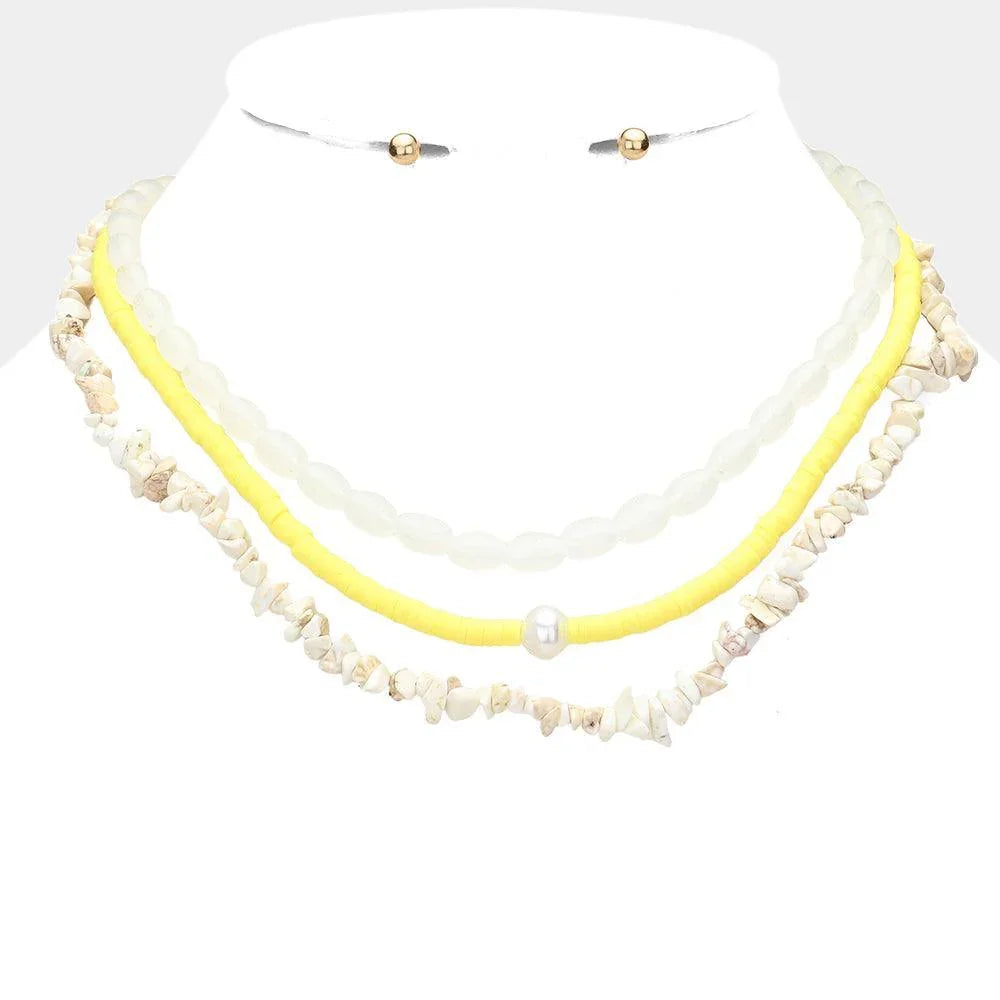 Yellow Natural Stone Oval Heishi Beaded Triple Layered Necklace - Jewelry Store by Erik Rayo