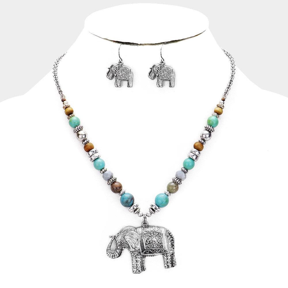 Silver Burnished Metal Elephant Pendant Beaded Necklace