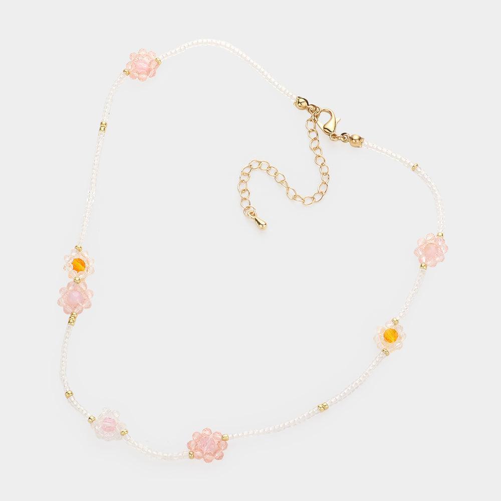 Pink Faceted Beaded Flower Accented Necklace - Jewelry Store by Erik Rayo
