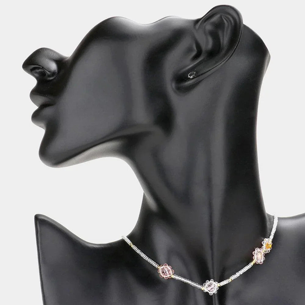 Pink Faceted Beaded Flower Accented Necklace - Jewelry Store by Erik Rayo
