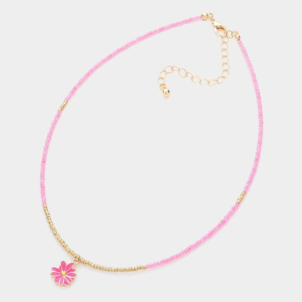 Pink Enamel Flower Pendant Beaded Necklace - Jewelry Store by Erik Rayo