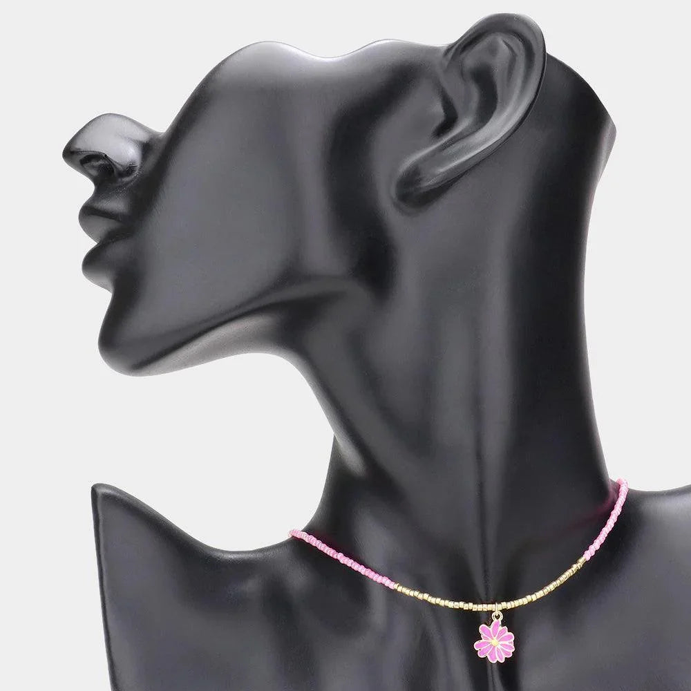 Pink Enamel Flower Pendant Beaded Necklace - Jewelry Store by Erik Rayo