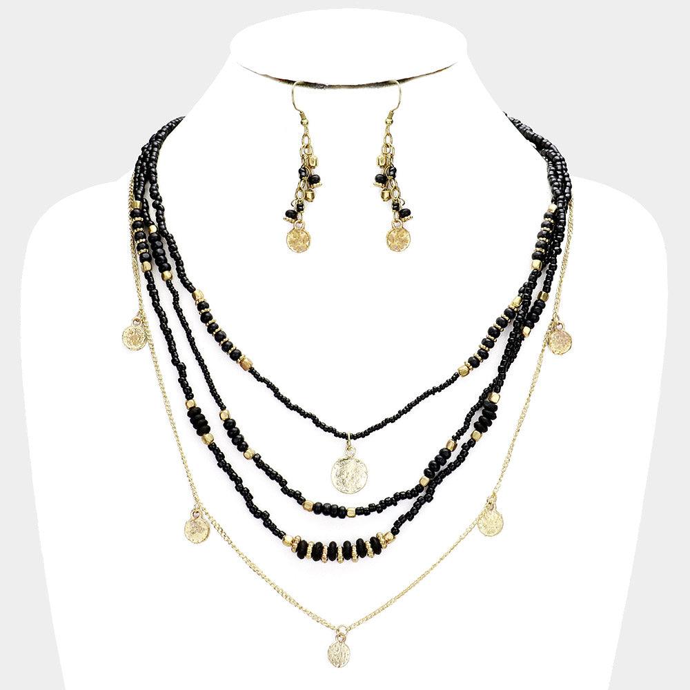 Black Multi Bead Round Metal Layered Necklace