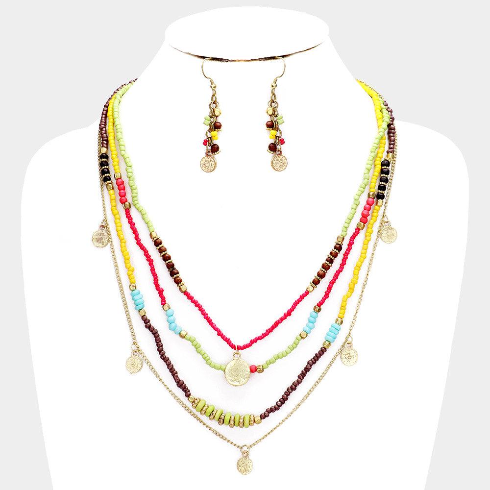 Gold Multi Bead Round Metal Layered Necklace