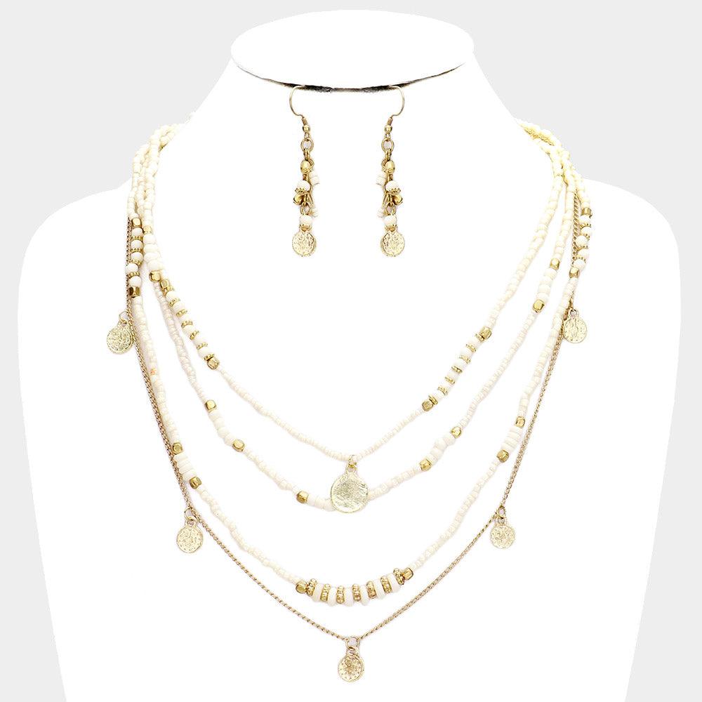 White Multi Bead Round Metal Layered Necklace