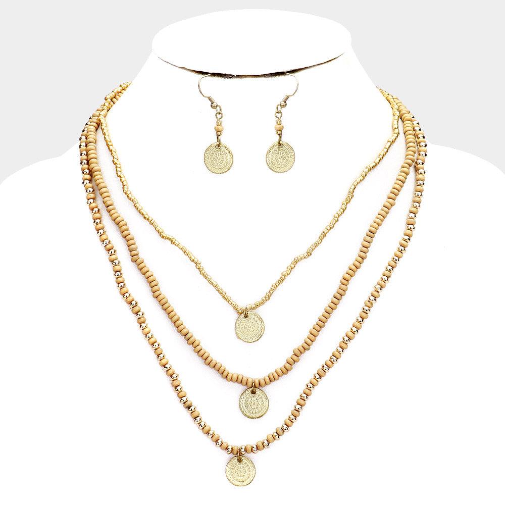 Gold Multi Bead Round Metal Pendant Layered Necklace