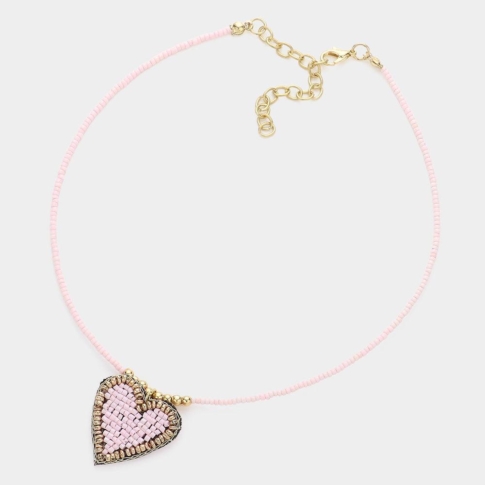 Pink Felt Back Beaded Heart Pendant Necklace - Jewelry Store by Erik Rayo