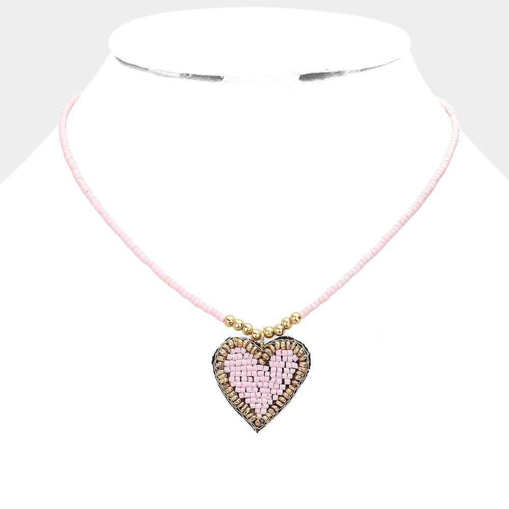 Pink Felt Back Beaded Heart Pendant Necklace - Jewelry Store by Erik Rayo