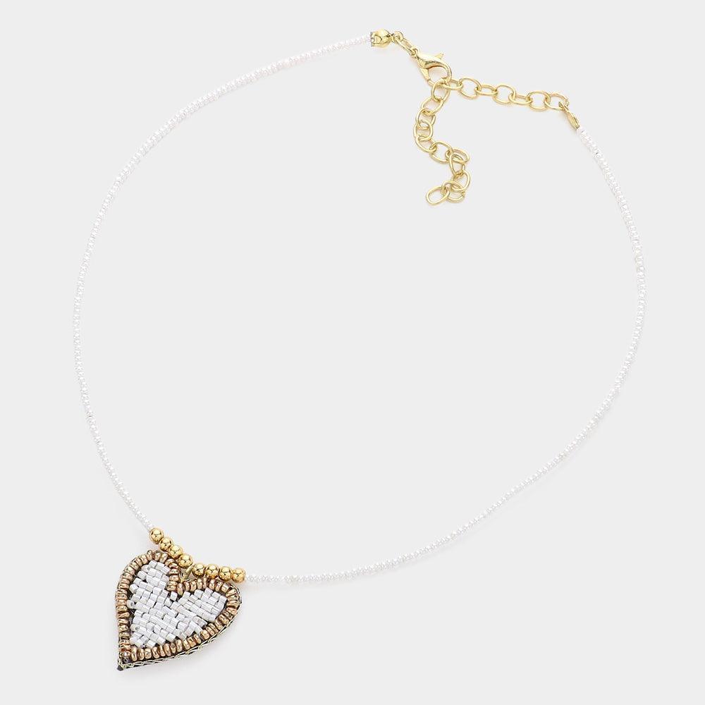 White Felt Back Beaded Heart Pendant Necklace - Jewelry Store by Erik Rayo