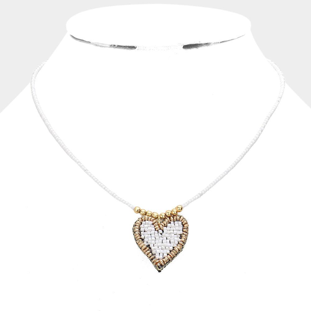 White Felt Back Beaded Heart Pendant Necklace
