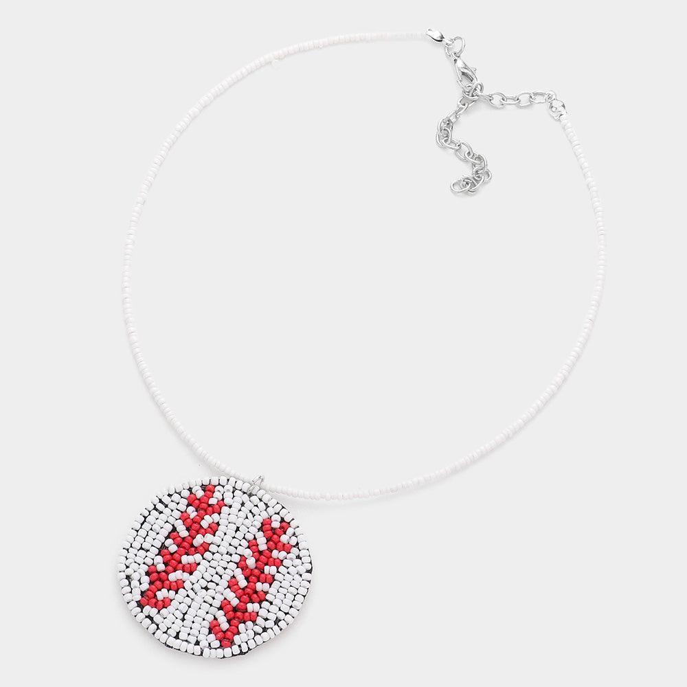 White Felt Back Seed Beaded Baseball Pendant Necklace - Jewelry Store by Erik Rayo