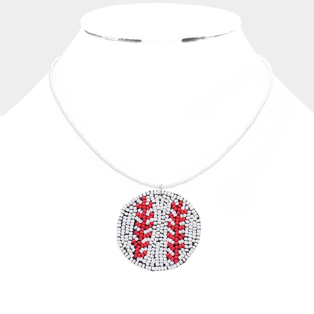 White Felt Back Seed Beaded Baseball Pendant Necklace - Jewelry Store by Erik Rayo
