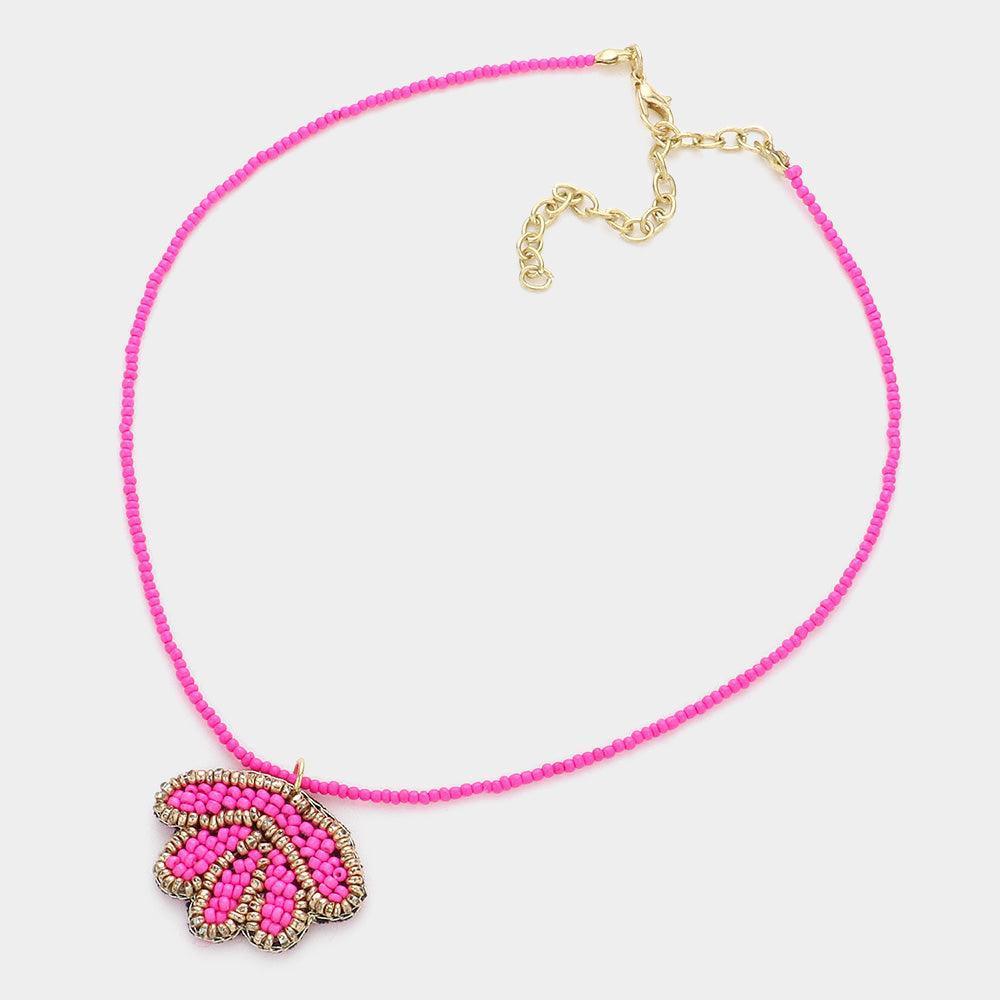 Pink Felt Back Seed Beaded Shell Pendant Necklace - Jewelry Store by Erik Rayo