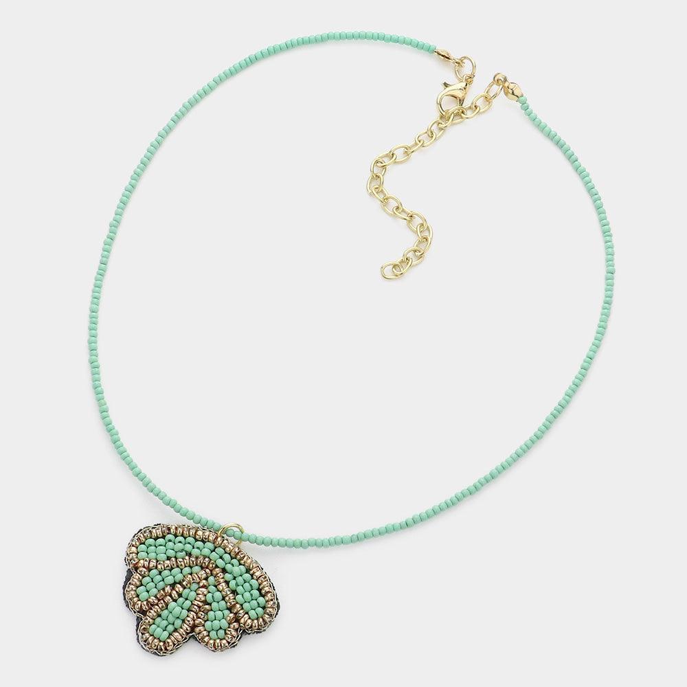 Mint Felt Back Seed Beaded Shell Pendant Necklace - Jewelry Store by Erik Rayo