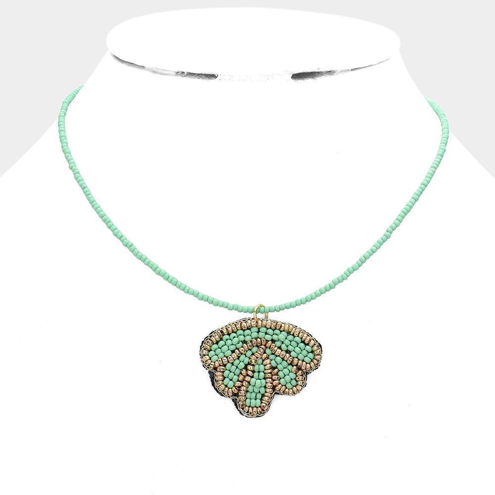 Mint Felt Back Seed Beaded Shell Pendant Necklace - Jewelry Store by Erik Rayo