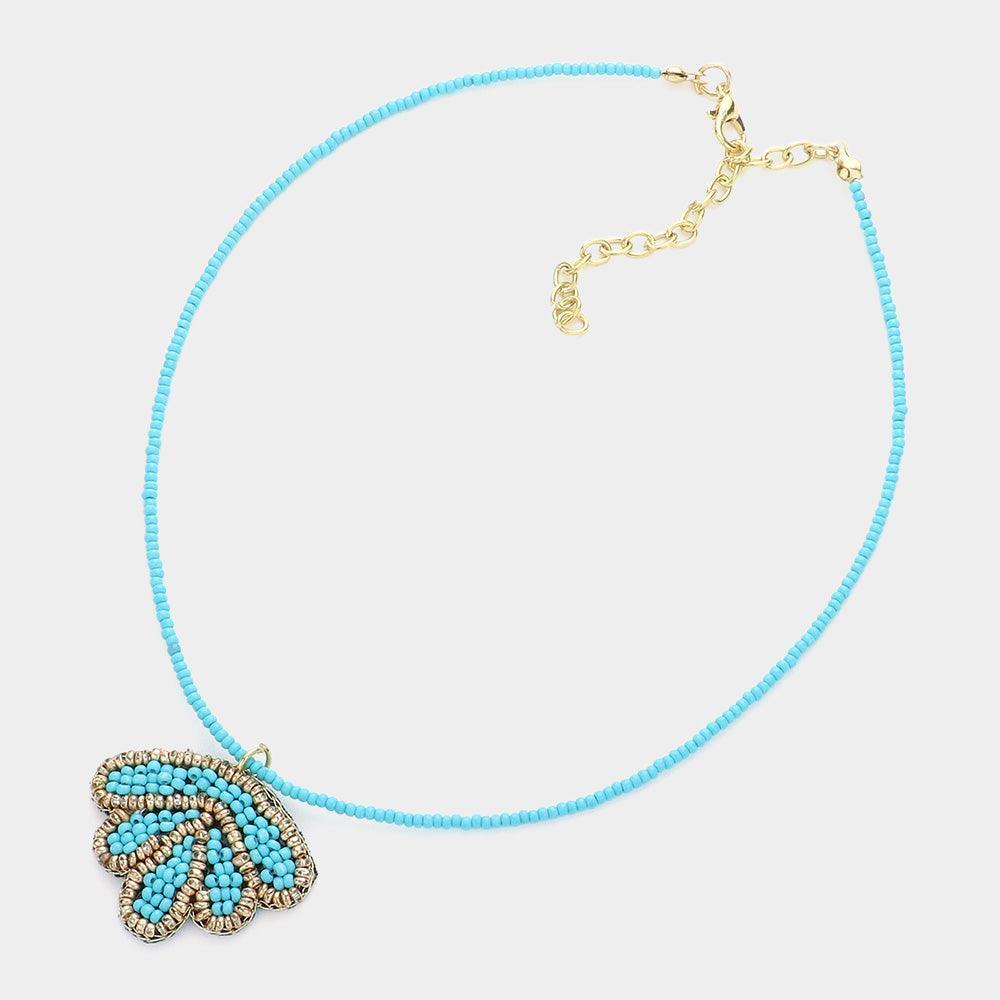Turquoise Felt Back Seed Beaded Shell Pendant Necklace - Jewelry Store by Erik Rayo