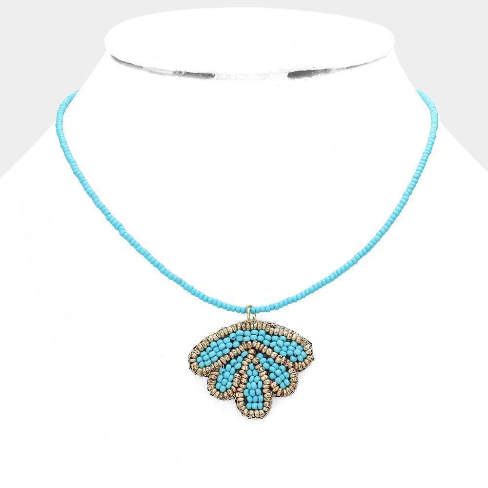Turquoise Felt Back Seed Beaded Shell Pendant Necklace - Jewelry Store by Erik Rayo