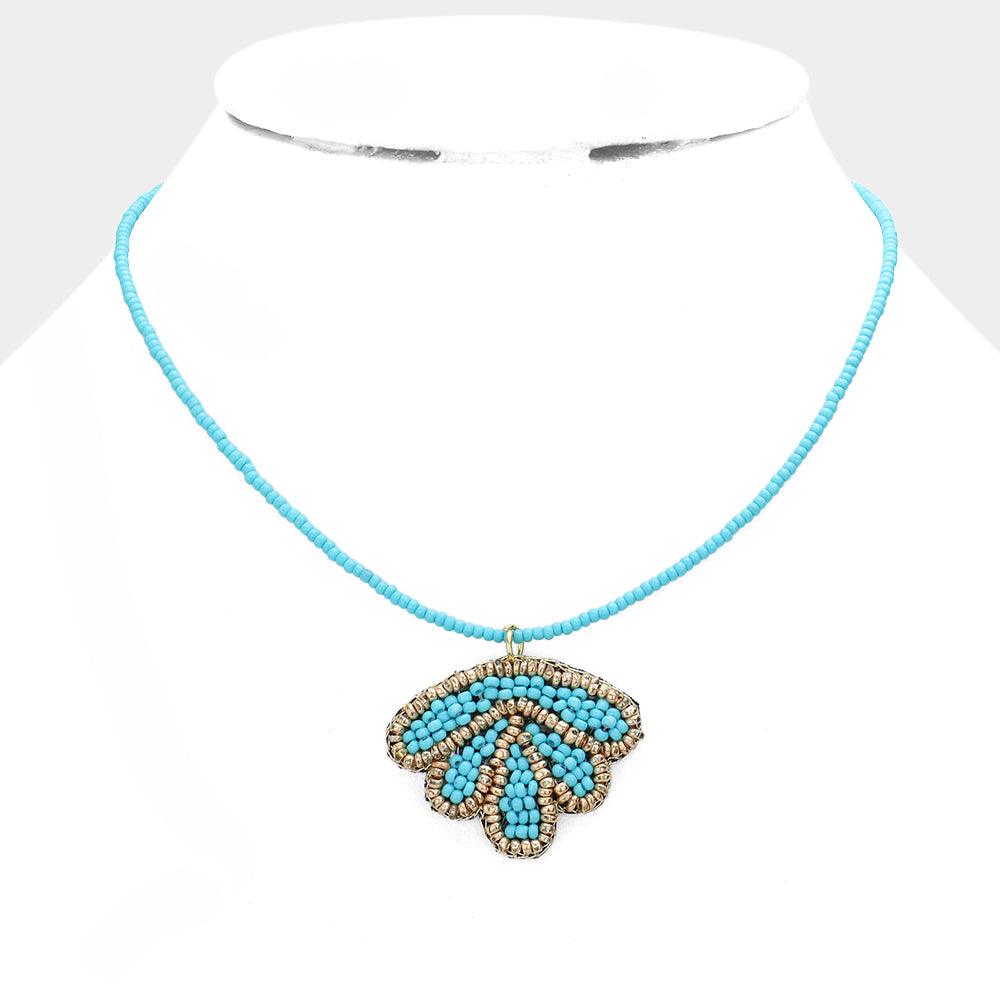 Turquoise Felt Back Seed Beaded Shell Pendant Necklace