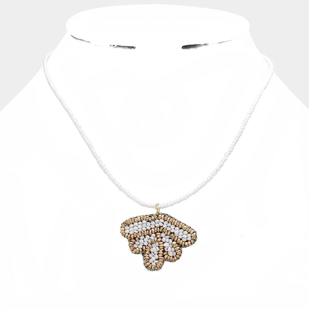 White Felt Back Seed Beaded Shell Pendant Necklace
