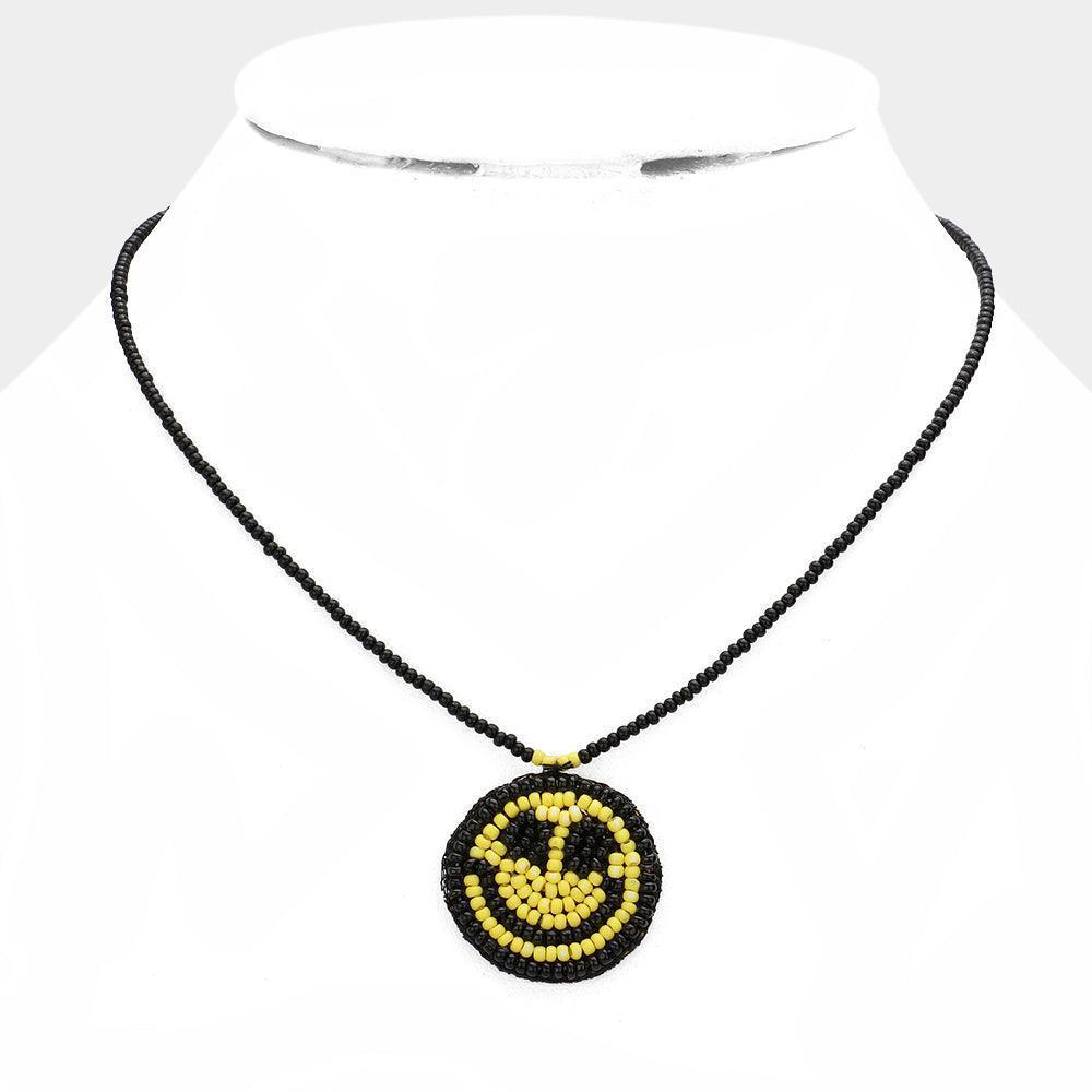 Black Felt Back Seed Beaded Smile Pendant Necklace - Jewelry Store by Erik Rayo